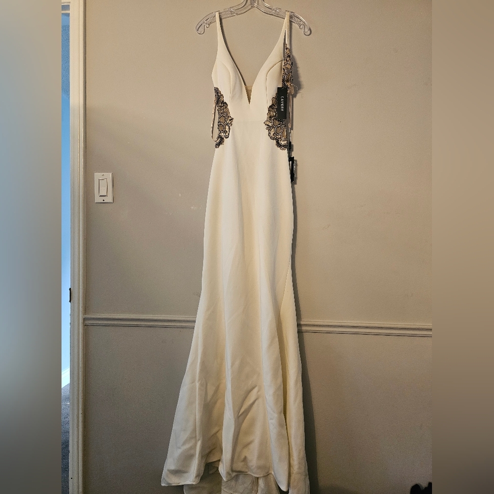 Faviana White Dress with Black Beaded Details